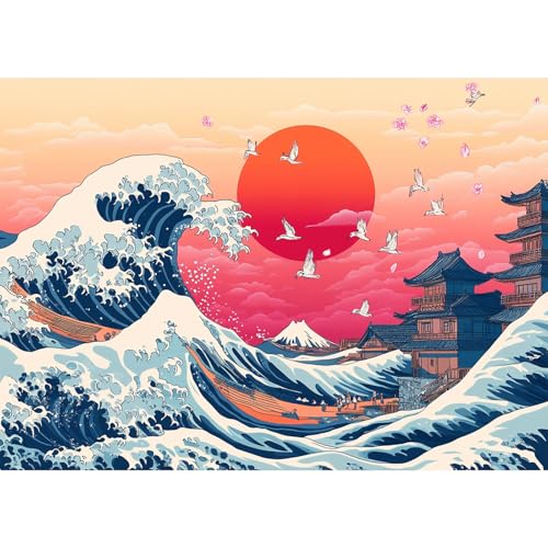 MAXBYE DIY Diamant Painting Sonnenuntergang Bilder Kits, 5D Full Wellen Diamond Painting Set, Erwachsene Zahlen Diamant Art Japanische Landschaft, Stitch Diamond Art Painting für Wall Decor 30x40 cm von MAXBYE