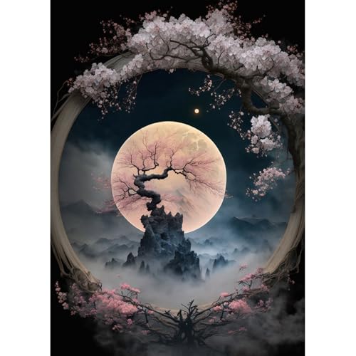 MAXBYE DIY Diamond Painting Mond, 5D Diamant Painting Fantasy Landschaft Stitch Erwachsene Kits, Full DIY Rosa Baum Diamant Kunst Malerei Stickerei Set, Diamant Malerei für Haus Dekoration 30x40 cm von MAXBYE