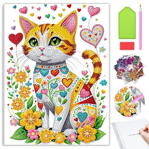 MAXBYE DIY Diamond Painting Notizbuch Niedliche Cat, Spezial Strass Diamant Malerei Blume, 120 Seiten Abnehmbare Wirebound Spiral Notizbuch, Kunsthandwerk Geschenk für Schülerbüro Schulbedarf Basteln von MAXBYE