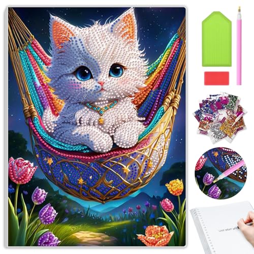 MAXBYE DIY Diamond Painting Notizbuch Süße Cat, Spezial Strass Diamant Malerei Schwingen, 120 Seiten Abnehmbare Wirebound Spiral Notizbuch, Kunsthandwerk Geschenk für Schülerbüro Schulbedarf Basteln von MAXBYE