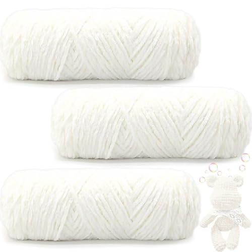 Maxee 300g(3×100g) Samtig Babywolle, Samt Velvet Wolle Chenille Garn, Kuschelweich Chenillegarn, Flauschige Weich Plüschwolle, Häkelgarn Wolle Zum Stricken & Häkeln - 01 Milchig Weiß von Maxee