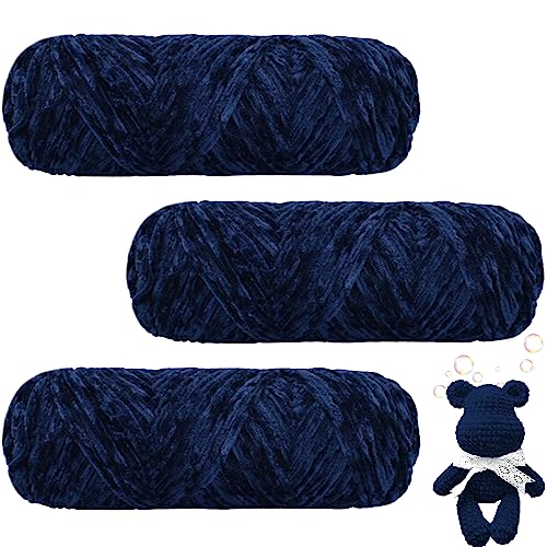 Maxee 300g(3×100g) Samtig Babywolle, Samt Velvet Wolle Chenille Garn, Kuschelweich Chenillegarn, Flauschige Weich Plüschwolle, Häkelgarn Wolle Zum Stricken & Häkeln- 19 Marineblau von Maxee