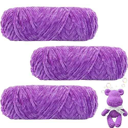 Maxee 300g(3×100g) Samtig Babywolle, Samt Velvet Wolle Chenille Garn, Kuschelweich Chenillegarn, Flauschige Weich Plüschwolle, Häkelgarn Wolle Zum Stricken & Häkeln- 25 Lila von Maxee