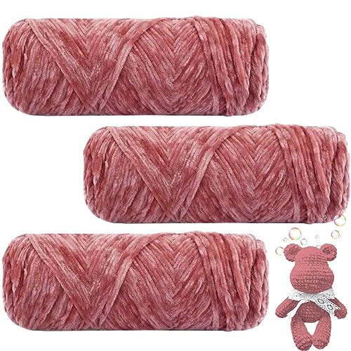 Maxee 300g(3×100g) Samtig Babywolle, Samt Velvet Wolle Chenille Garn, Kuschelweich Chenillegarn, Flauschige Weich Plüschwolle, Häkelgarn Wolle Zum Stricken & Häkeln-32 Dunkelrosa von Maxee