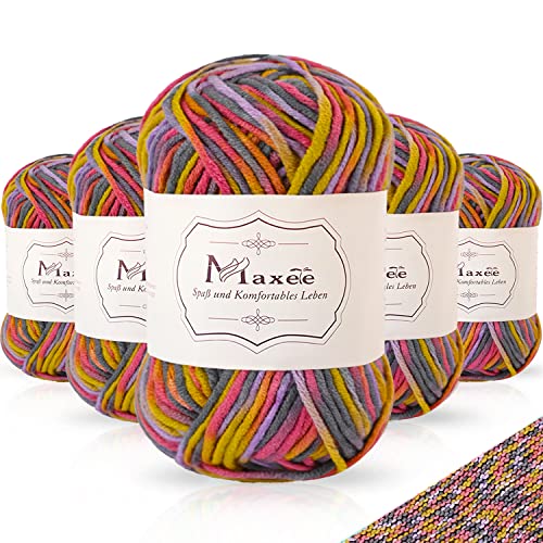 Maxee Handstrickgarn, 5x50 g Häkelgarn, Bunt Farbverlauf Acrylgarn zum Stricken, Weicher Wolle zum Häkeln, Mehrfarbiges Garn zum Stricken Häkeln und Basteln von Maxee