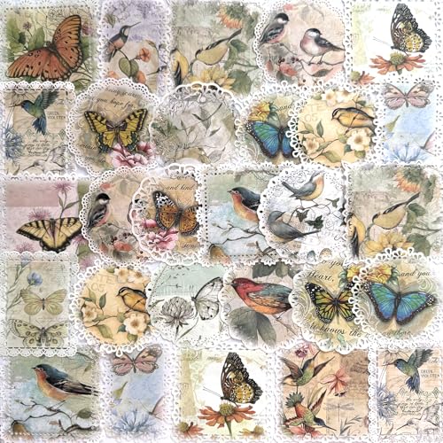 40 Stück Vintage runde quadratische Spitzenbordüre Papier Schmetterling Vogel Retro Papier Scrapbook Material Spitze Floral Poster Decoupage dekoratives Bastelpapier Junk Journal Supplies Scrapbooking von MAXLEAF