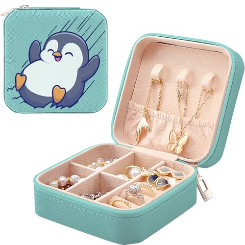 MAYCARI Kleine, tragbare Reise-Schmuckschatulle, niedliches Pinguin-Muster, Mini-Leder-Schmuckkästchen, Organizer für Ringe, Ohrringe, Halsketten, Armbänder, Schmuck, Geschenk für Frauen, Mädchen, von MAYCARI