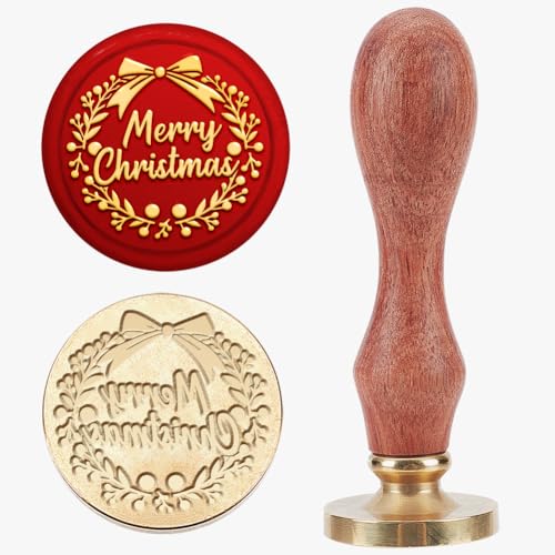 MAYJOYDIY „Merry Christmas“ Wachssiegelstempel 25mm Weihnachtskranz Holzstempel Abnehmbarer Messingkopf Siegelstempel Für Weihnachtseinladungen Umschläge Karten Geschenkdekoration von MAYJOYDIY