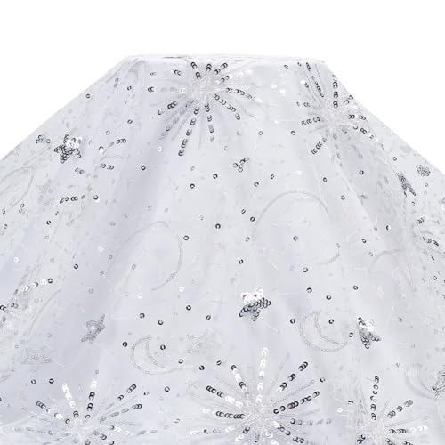 MAYJOYDIY 1.82 m × 1.56 m Weiße Sterne Mond Pailletten Spitzenstoff Glitzernder Stickstoff Glitzer Stern Mond Pailletten Tüllnetz Für DIY Nähen Kleidung Hochzeit Bühnendekoration Tutu Röcke von MAYJOYDIY