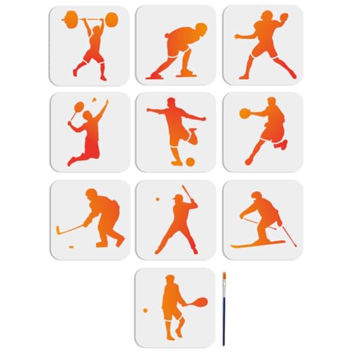 MAYJOYDIY 10 Stück Sport Schablone 15x15cm Basketball Fußballspieler Athleten Zeichenschablonen Mit Malpinsel Basketball Badminton Skifahren Baseball Malschablone Für Leinwand Papier Stoff Wand von MAYJOYDIY