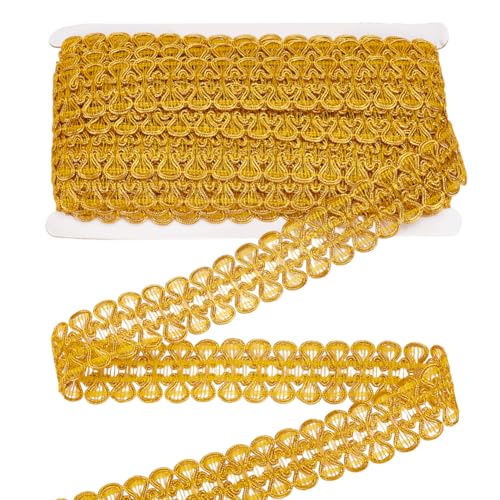 MAYJOYDIY 11.8m×33mm Gold-Spitzenbesatz Gimp-Zopfbesatz Metallischer Spitzenband Goldene Pailletten Handgearbeitet Gewebt Verzierung Spitzenbesatz Für Hochzeit Braut Kostüm Schmuck Basteln Nähen von MAYJOYDIY