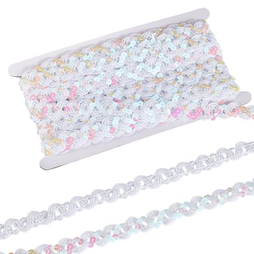 MAYJOYDIY 11m Weiße S Wellen Paillettenborte 18mm Glitzernde Paillettenborte Randborte Glänzendes Paillettenband Zum Nähen Zum Basteln von Kleidern Verschönern von Kostümzubehör von MAYJOYDIY