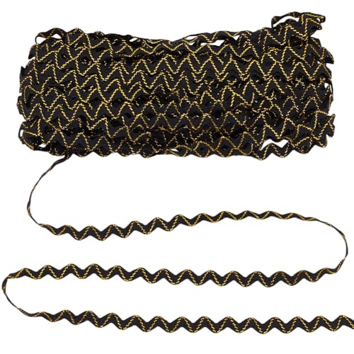 MAYJOYDIY 13.7m×9mm S Gewebte Zopfborte Schwarz Gold Wellenförmige Fransenborte Polyester Gewebtes Geflochtenes Randband Stoffband Zum Nähen von Hochzeitskleidern DIY Basteln Geschenkverpackungen von MAYJOYDIY