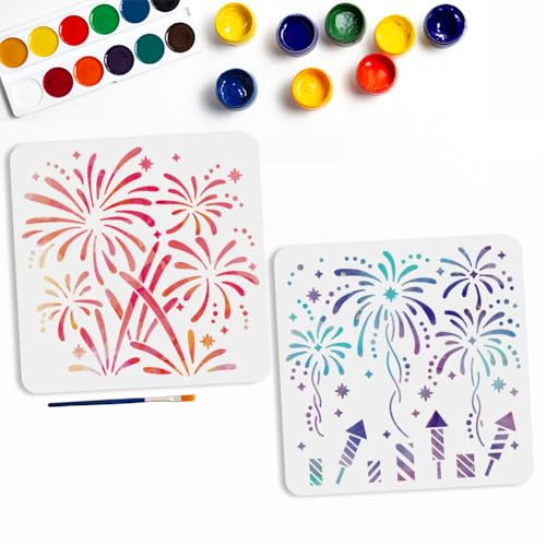 MAYJOYDIY 2 Feuerwerk Schablone 30x30cm Feuerwerk Seidenstern Feier Mustervorlage Mit Pinsel Wiederverwendbare Kunststoff Schablonen Zum Malen Auf Holz Wänden Stoffen Heimdekoration von MAYJOYDIY