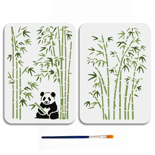 MAYJOYDIY 2 Stück A4 Bambus Malschablone Panda Vorlage 29.7x21cm Bambus Waldpflanze Kunststoff Schablone Blatt Panda Tier Wiederverwendbare Vorlage Für Holz Stoff Wände Fenster Heimwerkerarbeiten von MAYJOYDIY