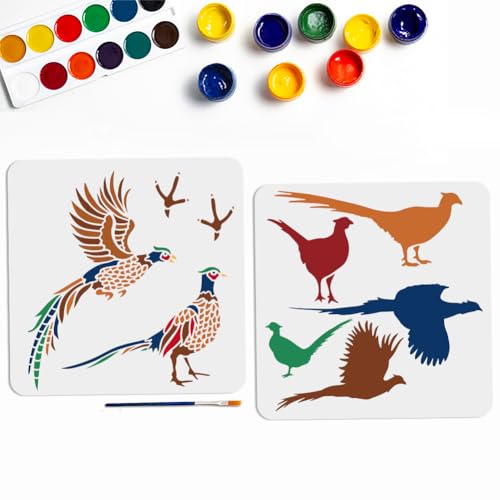 MAYJOYDIY 2 Stück Fasanenschablonen 30 × 30cm Wildfasanen Vogelschablonen Vorlage Mit Pinsel Fliegende Fasanen Silhouette Fußabdruck Schablone Zum Malen Auf Holz Leinwand Boden Wand Möbel von MAYJOYDIY