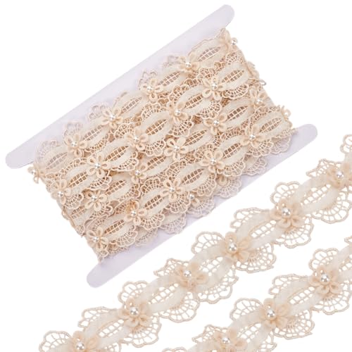 MAYJOYDIY 2.7m×43mm Beige 3D Perlenblume Spitzenbesatz Perlenblumen besticktes Spitzenband Nähen DIY Band Handwerk für Brautkleid Hochzeit Party Kostüm Hut Dekoration von MAYJOYDIY