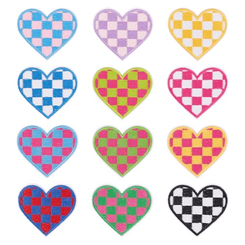 MAYJOYDIY 24Pcs Karierte Herz Bügeleisen auf Patches Multicolor Racing Day Herz gestickten Patch nähen auf Liebe Patches Applique Decal für Handwerk Pullover Jeans DIY Rucksack Schuhe Dekoration von MAYJOYDIY