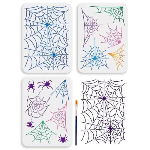 MAYJOYDIY 3 Stück A4 Spinnen Malschablone Spinnennetz Vorlage mit Pinsel 29.7x21cm Halloween Thema Kunststoff Schablone Gruselige Insekten Wiederverwendbare Vorlage Zum Malen Auf Holz Heimdekoration von MAYJOYDIY