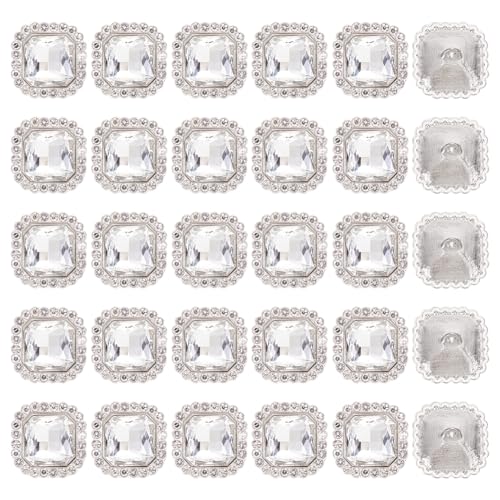 MAYJOYDIY 30 Stück Quadratische Strass Kristallknöpfe 18mm 1 Loch Silber Strass Verzierungen Nähknopf Mit Schaft Handarbeitsknopf Für DIY Schmuck Hochzeitsdekoration Haar Accessoires von MAYJOYDIY