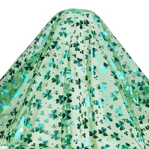 MAYJOYDIY 3m Folienüberzüge Organza Netzstoff 150cm Breit Grün Tüllstoff Funkelnder Glücksklee Organzastoff Tüll Für St.Patrick'S Day Party DIY Basteln Geschenkpapier Herstellen von MAYJOYDIY