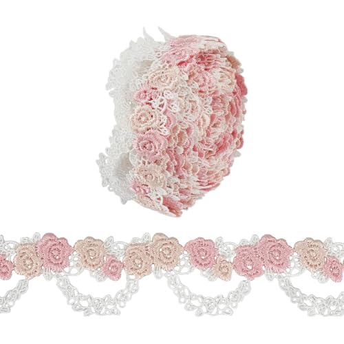 MAYJOYDIY 4,5 m rosa Rosenblüten bestickte Spitzenborte 3,8 cm Hochzeit Blumen Applikationen Nähen Handwerk weiße Ranke Spitzenrand Band für Hut Kleider Kostüm Verzierung DIY Party Dekor von MAYJOYDIY