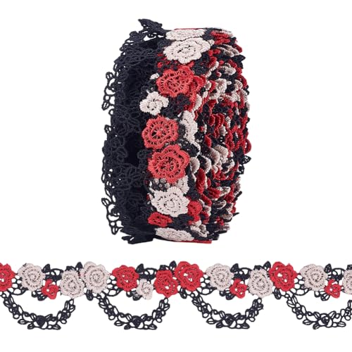 MAYJOYDIY 4,5 m rote Rosenblüten bestickte Spitzenborte 4 cm Gothic Floral Applikationen Nähen Handwerk schwarze Rebe Spitzenrand Band für Hut Kleider Kostüm Verzierung DIY Party Dekor von MAYJOYDIY