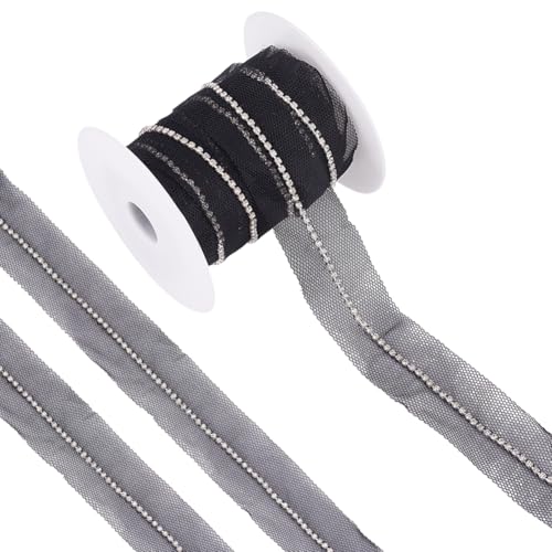 MAYJOYDIY 4,5 m schwarzes Strassband mit Spitzenbordüre, 3 cm, Perlenverzierung, Zierstreifen, Brautnetzband zum Nähen, Hochzeitskleid, Kostüm, Heimdekoration von MAYJOYDIY