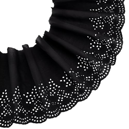 MAYJOYDIY 4,5 m × 2,5 cm schwarze Stickerei, gewellte Baumwolle, Spitzenborte mit gewelltem Rand, florales Spitzenband, florales Spitzenband zum Nähen von Kleidern, Taschen, Geschenkverpackungen von MAYJOYDIY