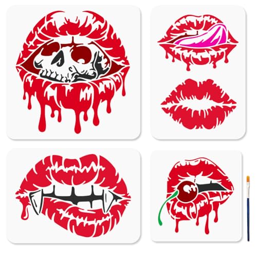 MAYJOYDIY 4 Stück Lippenschablonen Lippen Totenkopf Schablone Mit Pinsel 30×30~20×20cm Halloween Vampire Wiederverwendbare Malvorlagen Aus Kunststoff Zum Basteln Auf Fenster Holz Wand Heimdekoration von MAYJOYDIY