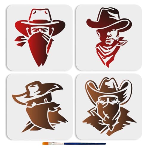 MAYJOYDIY 4 Stück Western Cowboy Mustervorlage 20x20 cm Schal Cowboy Charakter Malschablone Wiederverwendbare Hohle Zeichenvorlagen Aus PET Für Wand Heimdekoration DIY Kunst Handwerk Leinwand von MAYJOYDIY