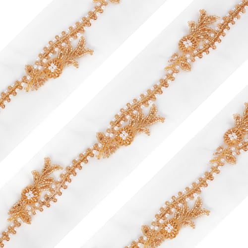 MAYJOYDIY 4.5 m Goldene Pailletten Spitzenapplikation Mit Perlen 85mm Luxuriöse Perlenstickerei Blumenspitzenband 3D Aufnäher Bestickte Borte Für Hochzeitskleid Braut Basteln von MAYJOYDIY