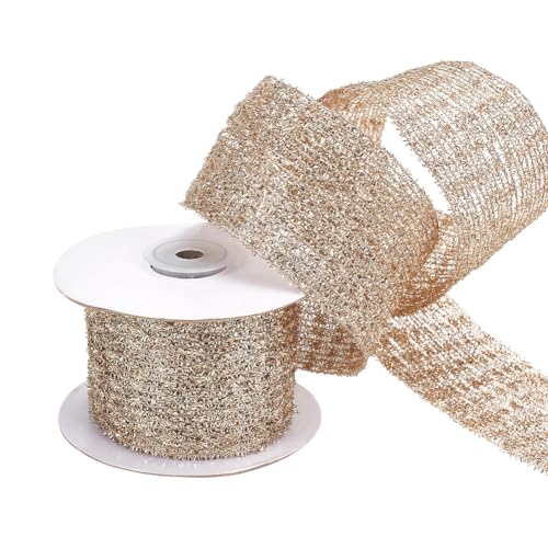 MAYJOYDIY 4.57 m Goldfarbenes Glitzerndes Metallisches Drahtgeflechtband Dehnbar Breit 6.4–17.8cm Drahtkanten Webband Für Heimwerkerarbeiten Geschenkverpackungsband Schleifen Hochzeits Dekoration von MAYJOYDIY