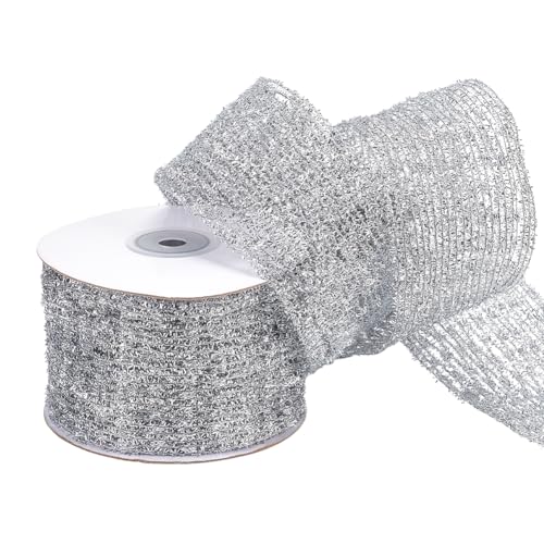 MAYJOYDIY 4.57 m Silbernes Glitzerndes Metallisches Drahtgeflechtband Dehnbar Breit 6.35–17.78cm Drahtrand Netzband Für Heimwerkerarbeiten Geschenkverpackungen Girlanden Kränze Schleifen Hochzeits von MAYJOYDIY