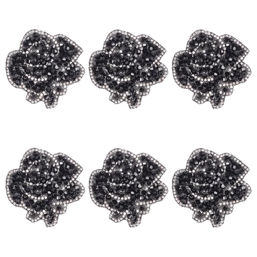 MAYJOYDIY 6 schwarze Rosen-Strass-Aufnäher mit Kleber, 60 x 57 mm, glitzernde Bügelperle, Blumenaufnäher, Applikation, Glitzer-Strass-Patch, für Bastelzubehör, Kleidung, Bastelzubehör von MAYJOYDIY