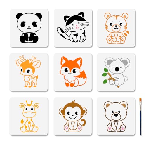 MAYJOYDIY 9 Stil Cartoon Tier Schablonen 20 × 20cm Kleine Tier Schablone Zum Basteln Süße Panda Fuchs Und Katzen Malvorlagen Mit Pinsel Für Boden Wand Fliesen Stoff Und Möbeldekoration von MAYJOYDIY