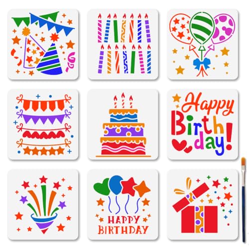 MAYJOYDIY 9 Stück „Happy Birthday“ Schablone Für Geburtstagsparty Kuchen Zum Bemalen 15 × 15cm Wiederverwendbare Ballon Geschenk Schablone Vorlagen Mit Pinsel Für Holzwänden DIY Heimdekoration von MAYJOYDIY