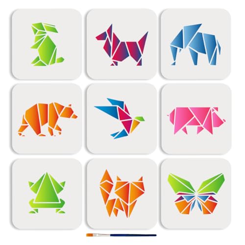 MAYJOYDIY 9 Stück Tier Zeichenschablone Mit Origami Formen 15x15 cm Wiederverwendbare Tier Vorlage Origami Themen Malschablone Papierkranich Mustervorlage Für Heimwerker Bastelarbeiten Raumdekoration von MAYJOYDIY