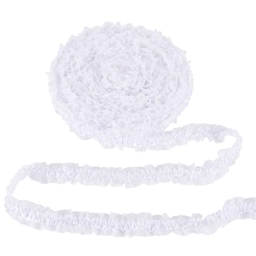 MAYJOYDIY 9.1m Weißer Spitzenbesatz Aus Satin Organza Mit Rüschen Gerafftes Chiffonband Elastischer Stretch Spitzenbesatz Zum Nähen von Stoffen Bestickte Applikationen Dekoration Für Hochzeitsfeiern von MAYJOYDIY