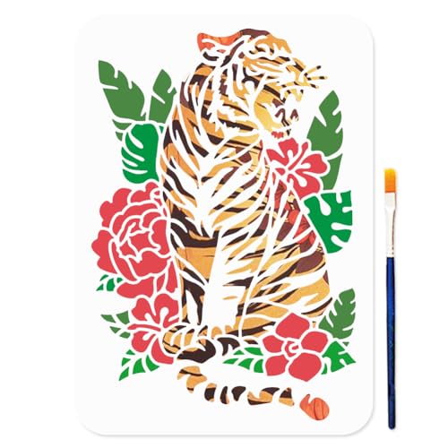 MAYJOYDIY A4 Tiger Schablone Wildtier Pflanzen Malvorlage 29.7 × 21cm Blumen Und Blatt Schablone Mit Pinsel Wiederverwendbare Tier Schablone Für Holz Stoff Wände DIY Bastelarbeiten Fotoalbum von MAYJOYDIY