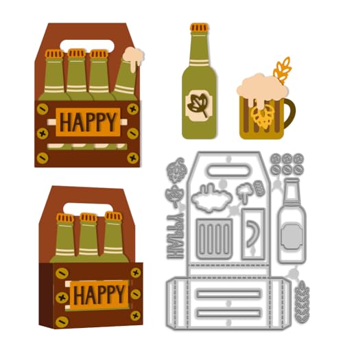 MAYJOYDIY Bierkisten Set Stanzformen Für Weingläser Bierschaum Blattmuster Metallstanzen Aus Karbonstahl Geprägte Stanzvorlage Mit Dem Wort „HAPPY“ Für Scrapbooking Partys DIY Papierkartenbasteln von MAYJOYDIY