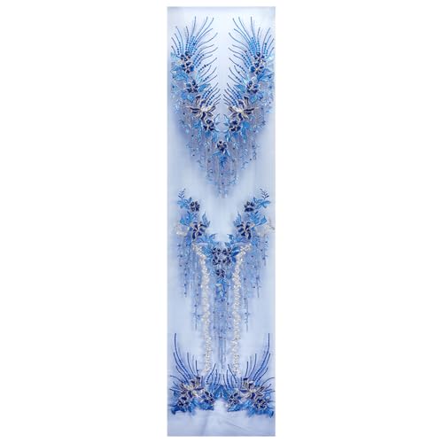 MAYJOYDIY Blaue Perlen-Pailletten, Blumenspitzen-Applikation, 3D-Blumenstickerei, zum Aufnähen, Blumen-Spitzenbesatz, goldfarbenes Pailletten-Spitzenband für Kopfbedeckung, Kleidung, Brautzubehör, von MAYJOYDIY