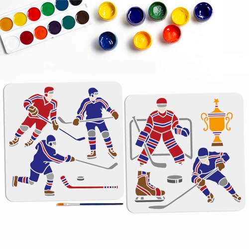 MAYJOYDIY Eishockey-Schablonen mit Malpinsel, wiederverwendbar, für Sportler, Eishockeyspieler, Malschablonen für Holz, Leinwand, Papier, Stoff, Wanddekorationen und Bastelarbeiten, 2 Stück von MAYJOYDIY