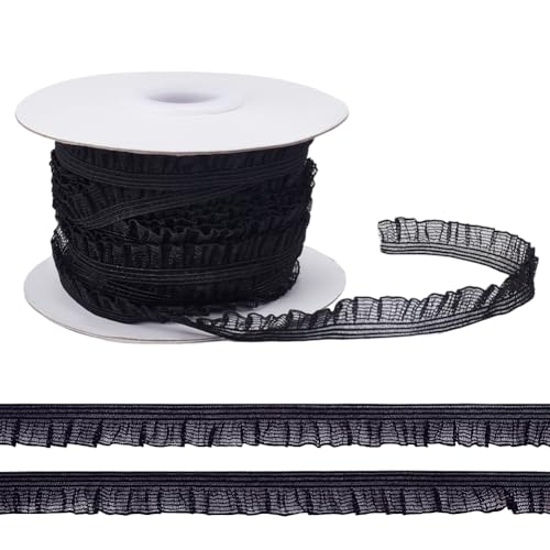 MAYJOYDIY Elastischer Spitzenbesatz Mit Rüschen 9.14 m X 10mm Schwarz Vintage Plissee Stretchbesatz Tüllbesatz Stoffband Für Zuhause DIY Nähen Basteln Kostüm Verzierungen von MAYJOYDIY