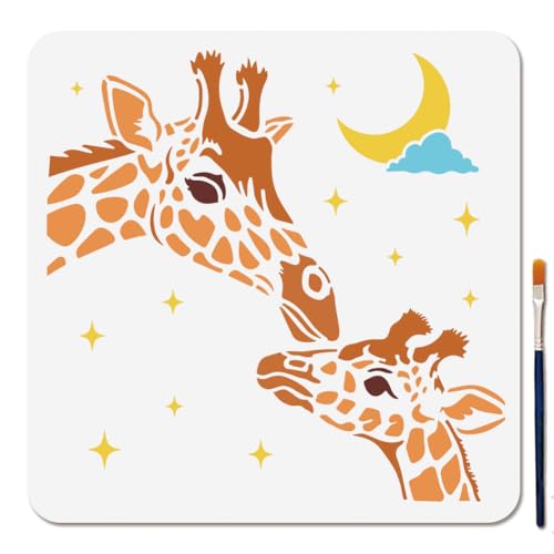 MAYJOYDIY Giraffen Schablone Sternennacht Mond Schablonen Zum Malen 30×30cm wiederverwendbare Tier Bastel Zeichenvorlagen Mit Pinsel Für Heimwerker Bastelarbeiten Auf Holzwänden Heimdekoration von MAYJOYDIY