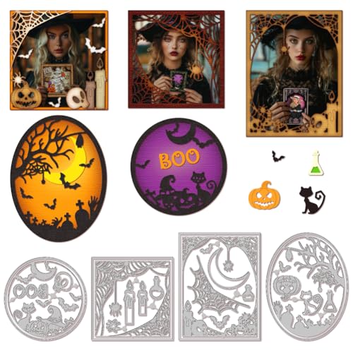 MAYJOYDIY Halloween Rahmenform Stanzformen Horror Motiv Stanzschablonen Kürbis Katze Totenkopf Mond Spinne Kerze Stanzformen Aus Karbonstahl Für Scrapbooking Alben Dekorative Prägungen Papierkarten von MAYJOYDIY