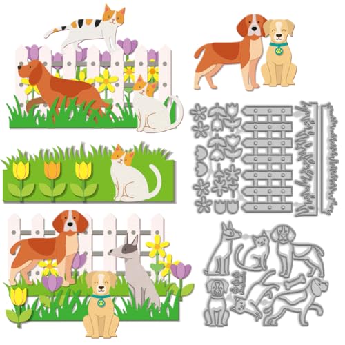 MAYJOYDIY Haustier Garten Metall Stanzformen Katzen Hunden Tiere Welpen Stanzformen Prägeschablonen Zaun Rasen Tulpen Karbonstahl Stanzformen Für DIY Karten Scrapbooking Bastel Dekorationsgegenstände von MAYJOYDIY