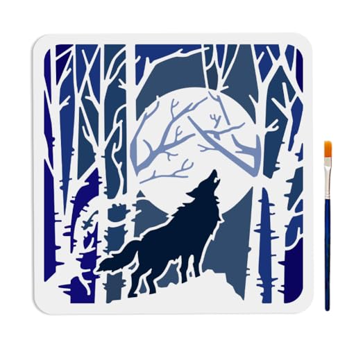 MAYJOYDIY Heulender Wolf Schablone Wald Vollmond Wolf Schablone 30×30cm mit Pinsel Wiederverwendbare Wildtier Schablonen DIY Basteln Wand Holz Leinwand Home Decor von MAYJOYDIY