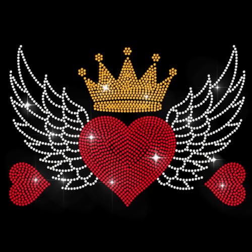 MAYJOYDIY Hotfix Wärmeübertragungsaufkleber Mit Strasssteinen „Love Wings“ Zum Aufbügeln Goldene Krone Hotfix Strass Applikation Zum Valentinstag Glitzernder Kleidungsreparaturflicken Für T Shirts von MAYJOYDIY