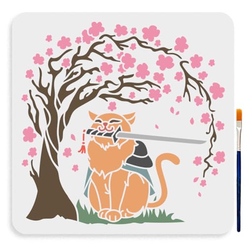 MAYJOYDIY Kirschblüten Katze Schablone 30 × 30cm Große Katana Schablone Mit Pinsel Quadratische Vorlage Im Japanischen Stil Für Holzwände Leinwand Möbel Bastel Und Kunstprojekte von MAYJOYDIY